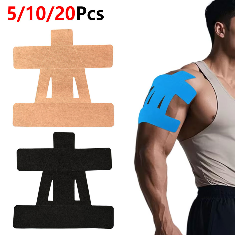 Sports Taping Precut - 5/10/20個入り、あらかじめカットされた肩用キネシオロジーテープ。防水性・通気性に優れた、肩の筋肉をサポートするスポーツ用テープ。低アレルギー性。